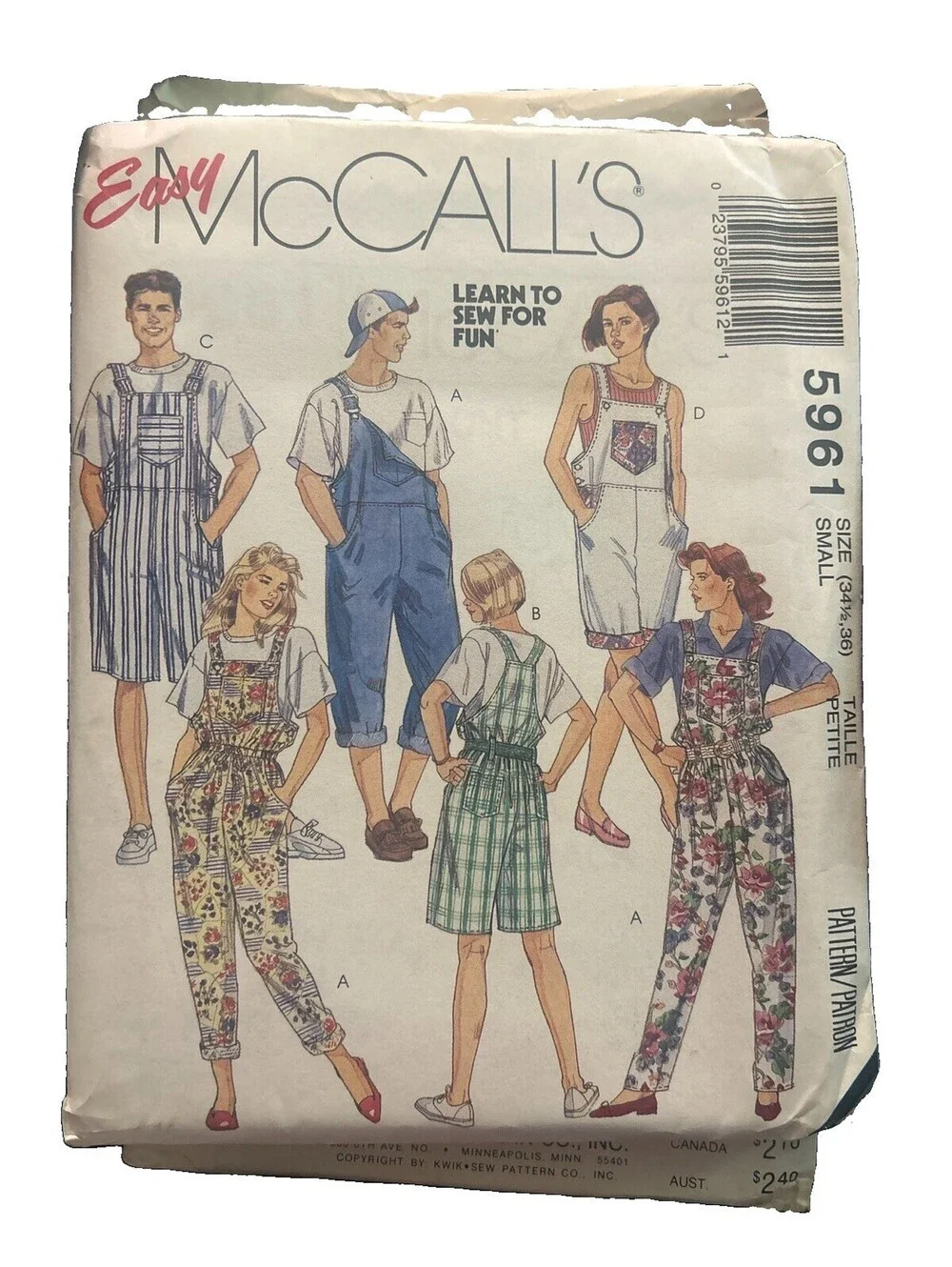 Vintage 1992 McCall’s 5961 Unisex Overalls Sewing Pattern Small 34½–36 Uncut